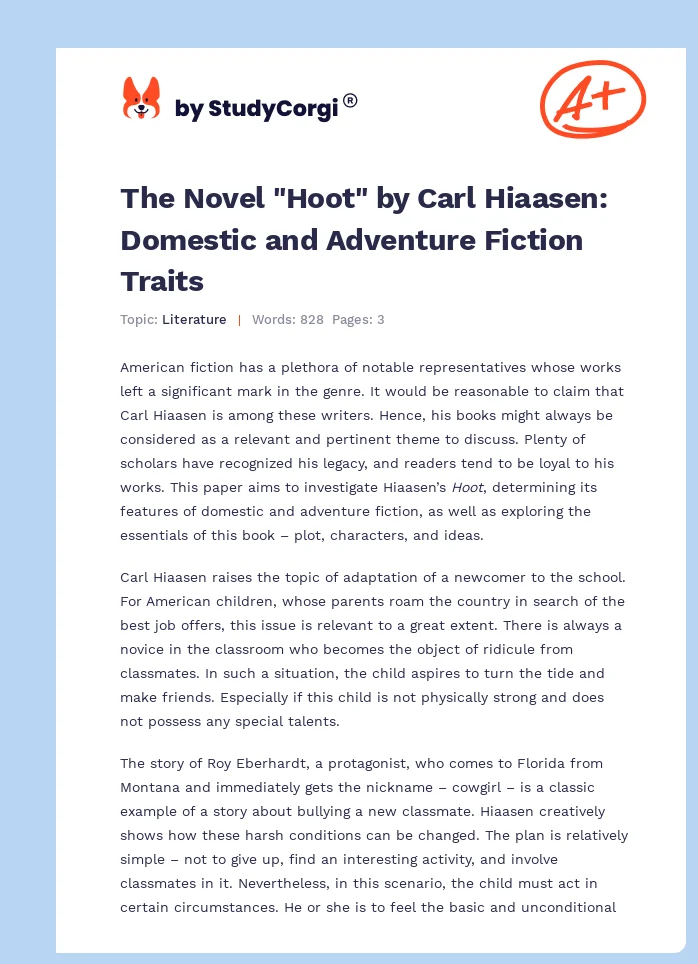 The Novel "Hoot" by Carl Hiaasen: Domestic and Adventure Fiction Traits. Page 1