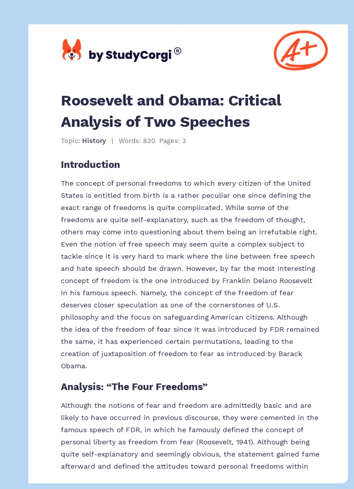 Roosevelt and Obama: Critical Analysis of Two Speeches. Page 1
