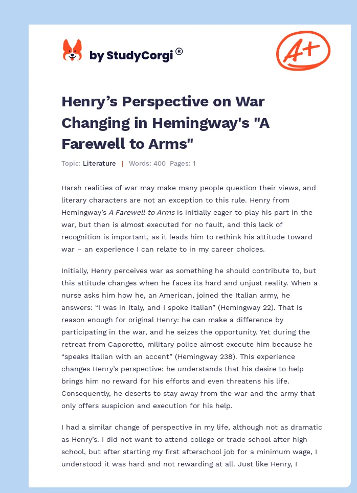 Henry’s Perspective on War Changing in Hemingway's "A Farewell to Arms". Page 1