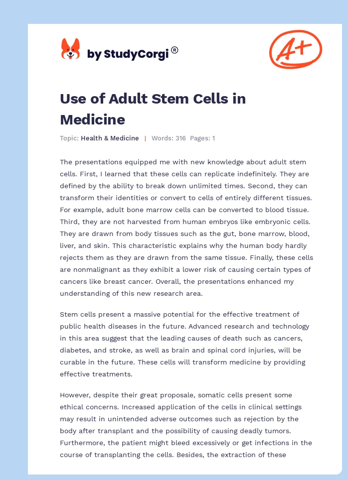 Use of Adult Stem Cells in Medicine. Page 1