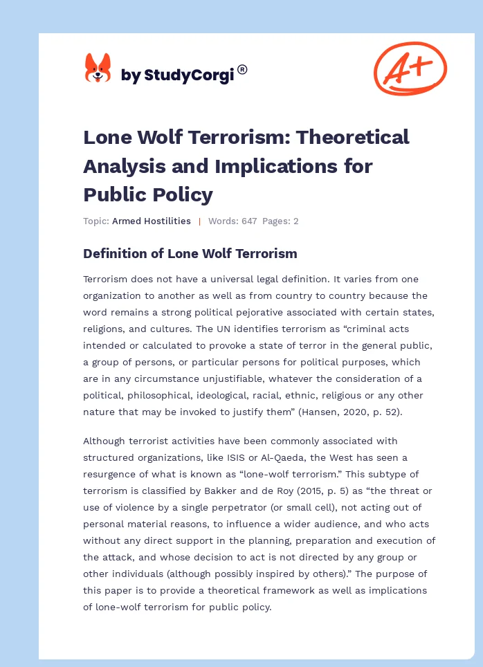 Lone Wolf Terrorism: Theoretical Analysis and Implications for Public Policy. Page 1