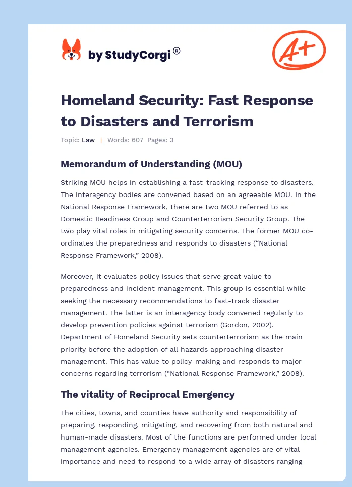 Homeland Security: Fast Response to Disasters and Terrorism. Page 1