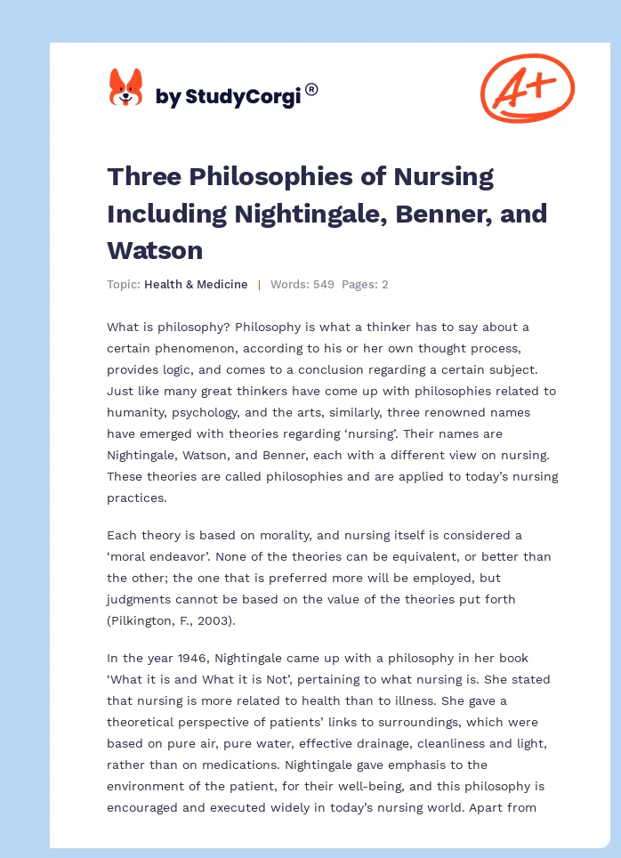 Three Philosophies of Nursing Including Nightingale, Benner, and Watson. Page 1