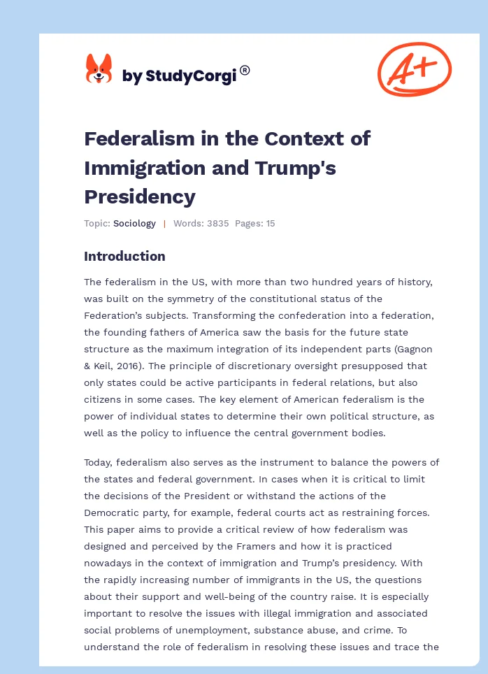 Federalism in the Context of Immigration and Trump's Presidency. Page 1