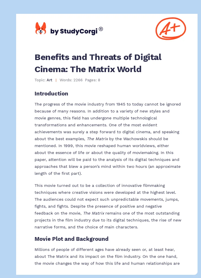 Benefits and Threats of Digital Cinema: The Matrix World. Page 1