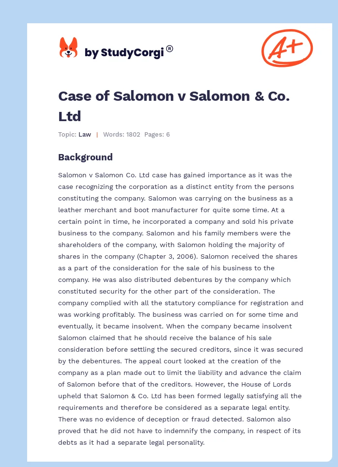 Case of Salomon v Salomon & Co. Ltd. Page 1