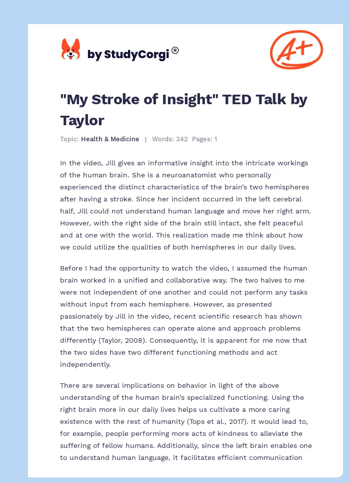 "My Stroke of Insight" TED Talk by Taylor. Page 1