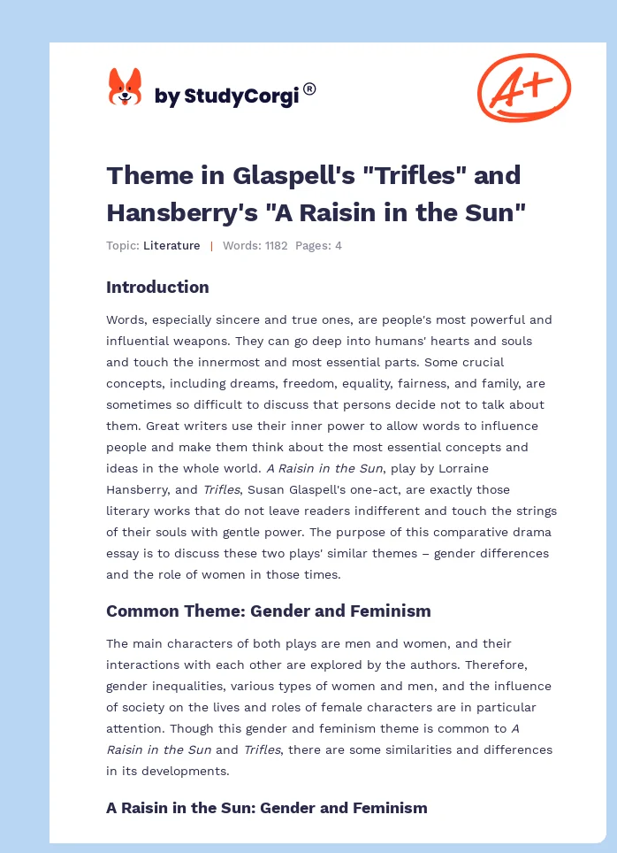 Theme in Glaspell's "Trifles" and Hansberry's "A Raisin in the Sun". Page 1