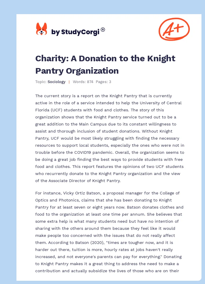 Charity: A Donation to the Knight Pantry Organization. Page 1