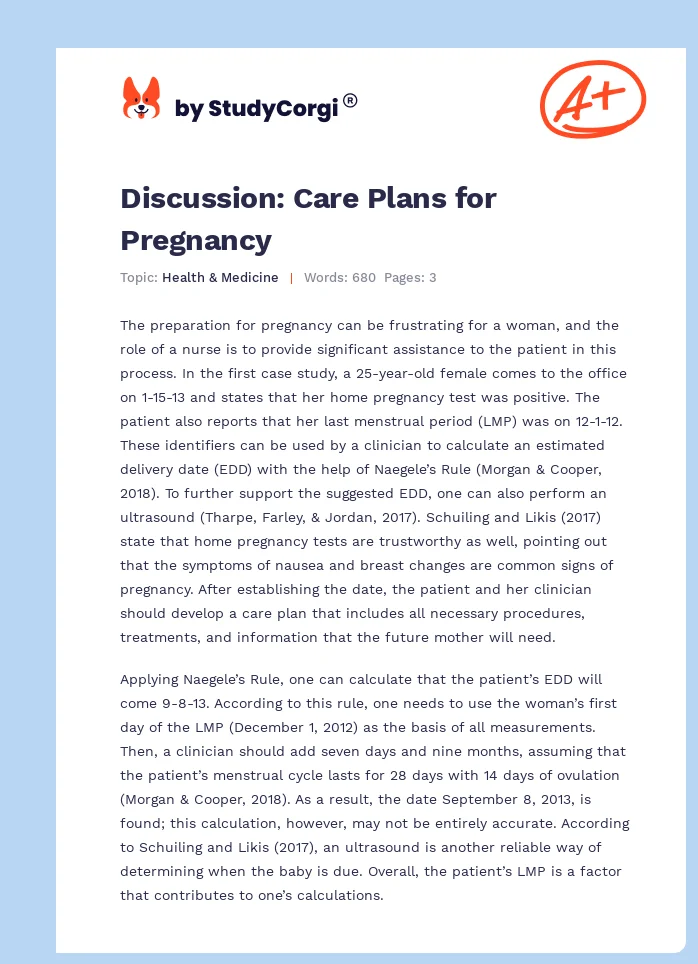 Discussion: Care Plans for Pregnancy. Page 1