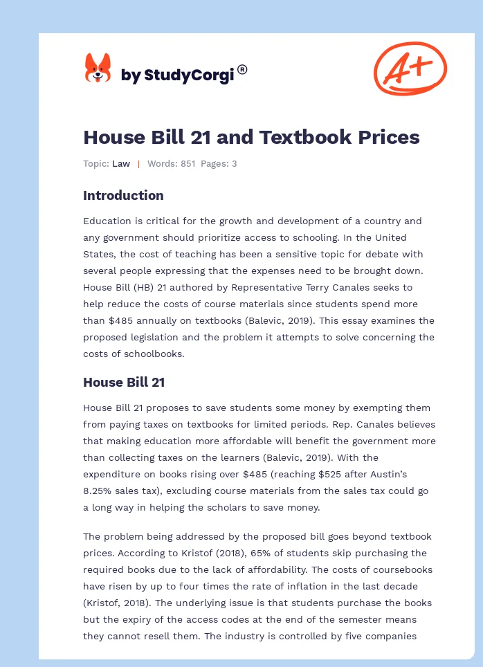 House Bill 21 and Textbook Prices. Page 1