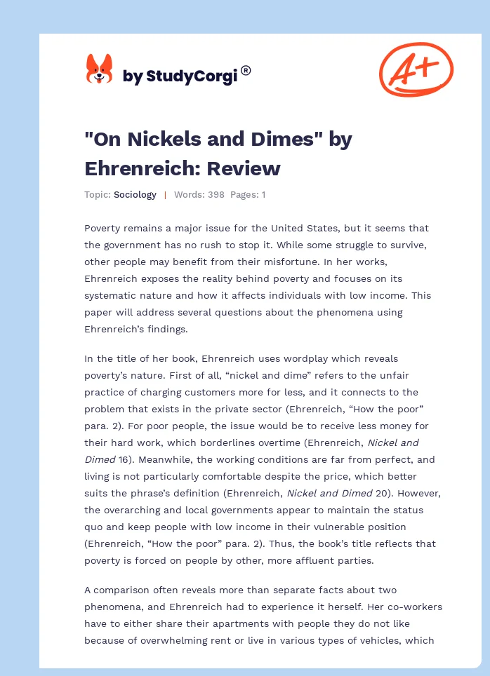 "On Nickels and Dimes" by Ehrenreich: Review. Page 1