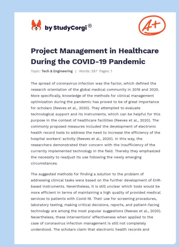 Project Management in Healthcare During the COVID-19 Pandemic. Page 1