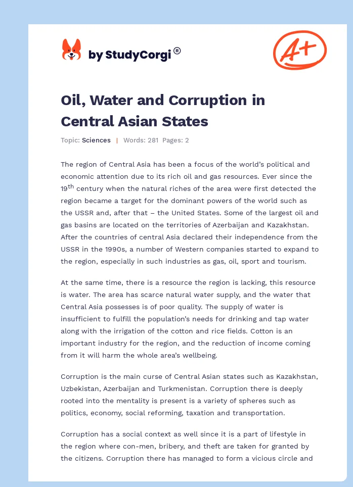 Oil, Water and Corruption in Central Asian States. Page 1