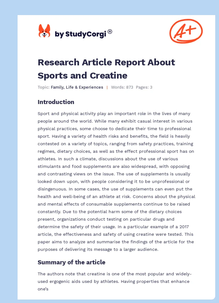Research Article Report About Sports and Creatine. Page 1