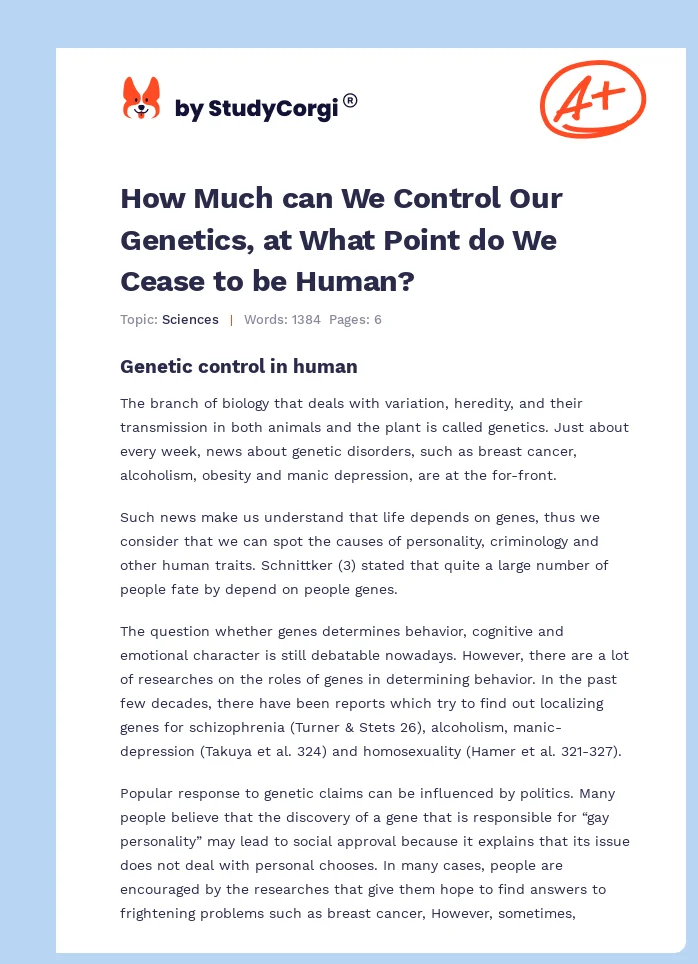 How Much can We Control Our Genetics, at What Point do We Cease to be Human?. Page 1
