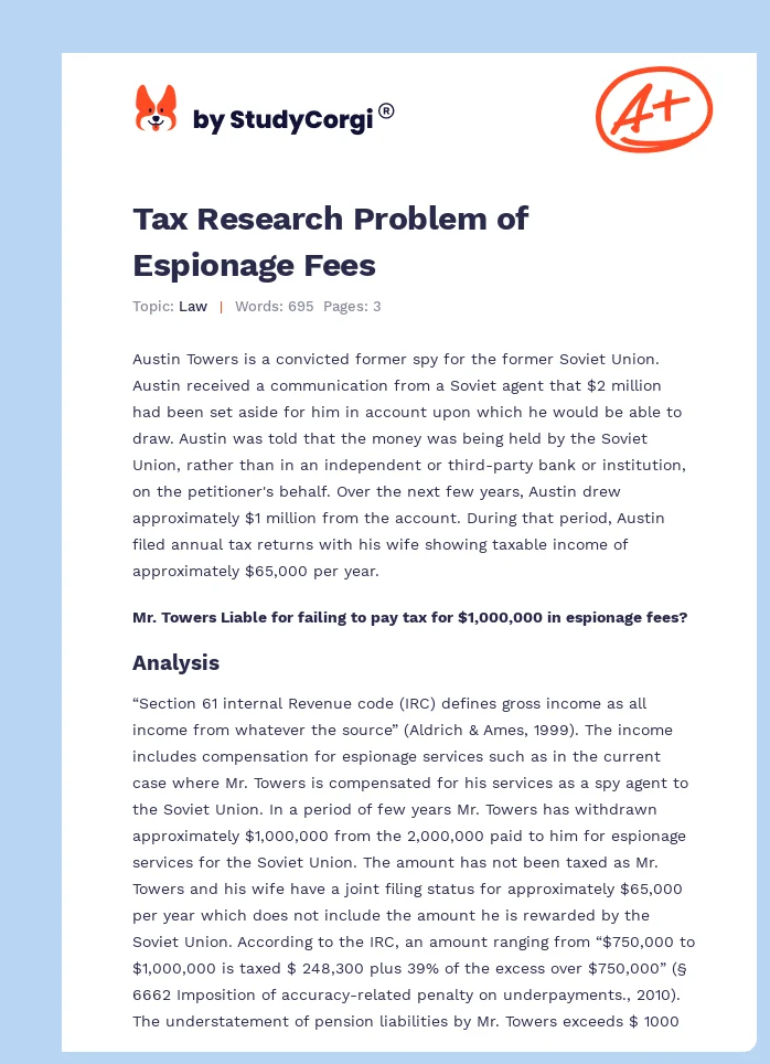 Tax Research Problem of Espionage Fees. Page 1