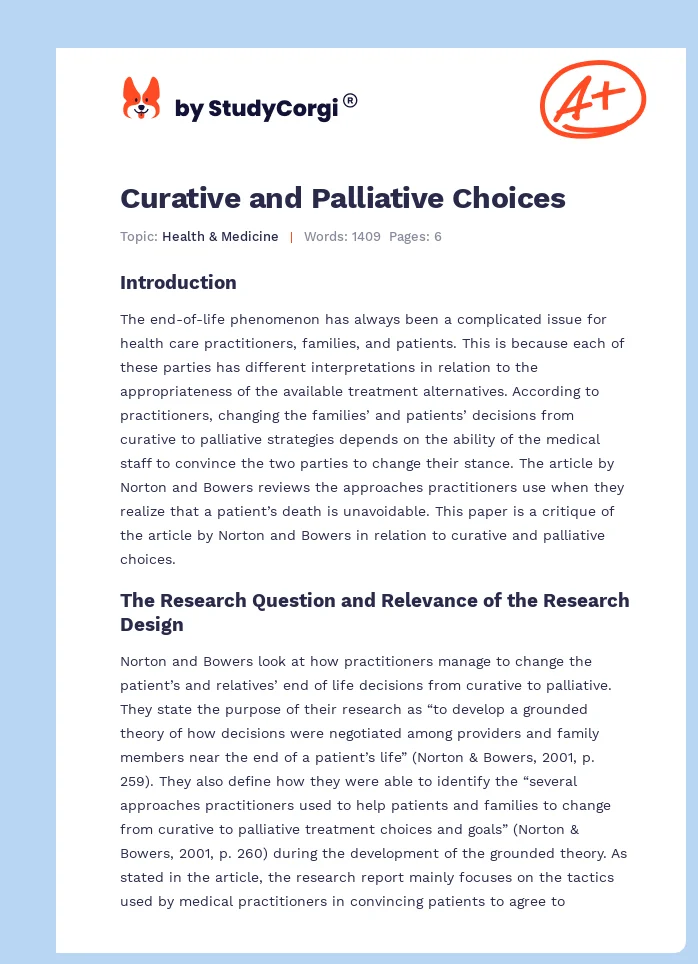 Curative and Palliative Choices. Page 1