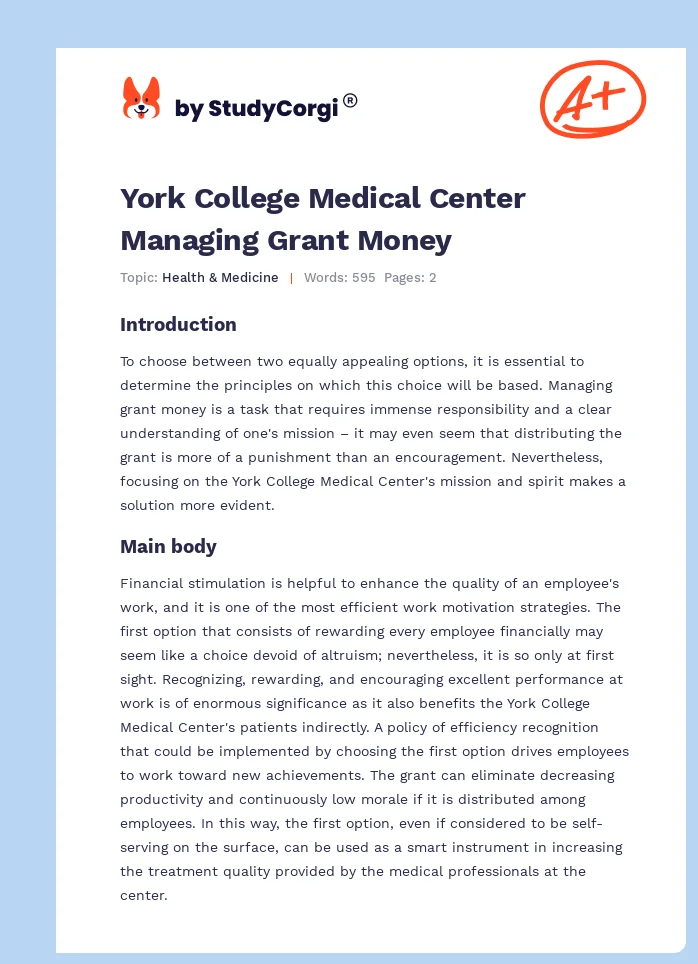 York College Medical Center Managing Grant Money. Page 1
