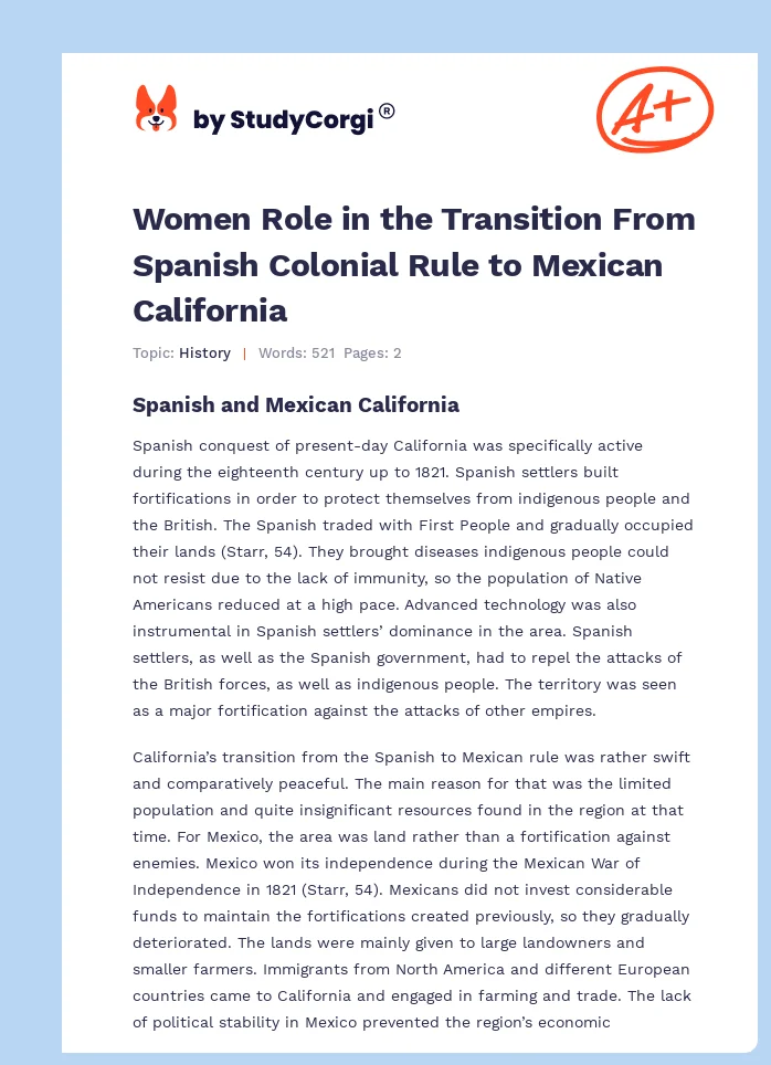 Women Role in the Transition From Spanish Colonial Rule to Mexican California. Page 1