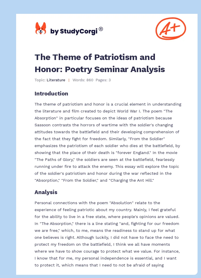 The Theme of Patriotism and Honor: Poetry Seminar Analysis. Page 1