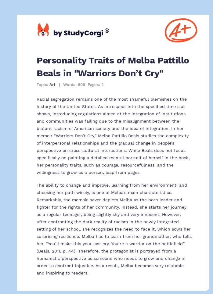 Personality Traits of Melba Pattillo Beals in "Warriors Don’t Cry". Page 1