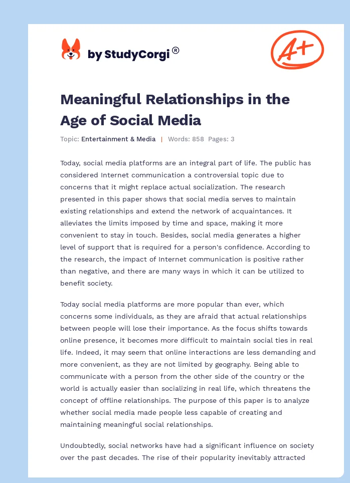 Meaningful Relationships in the Age of Social Media. Page 1