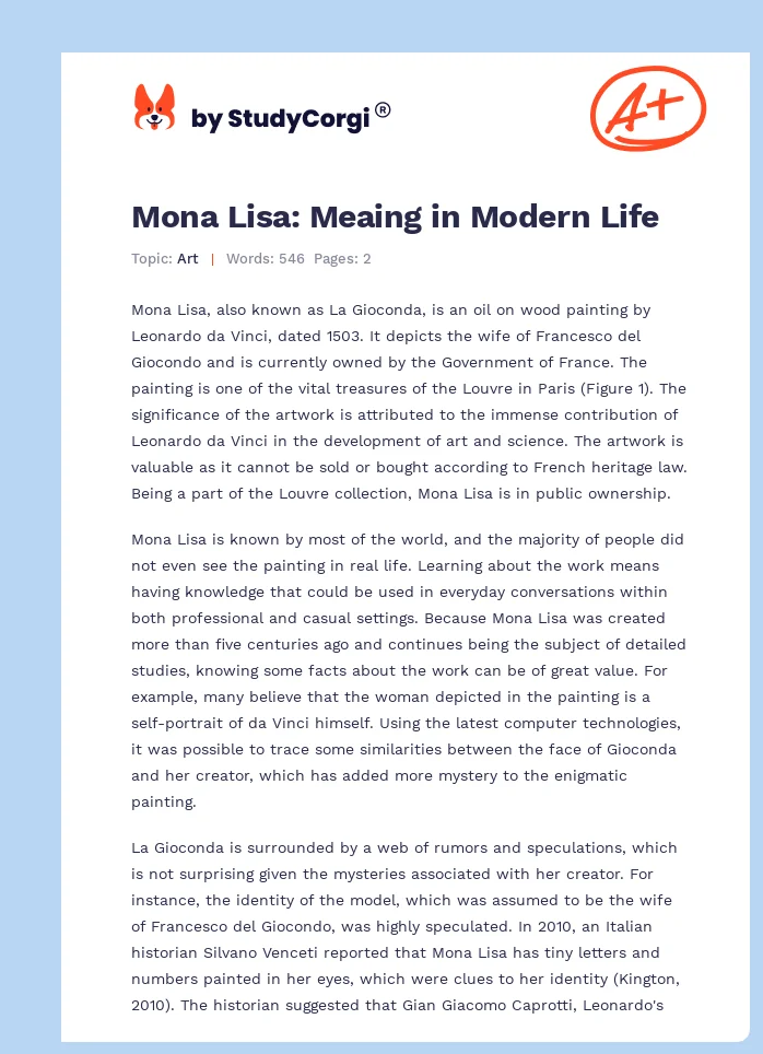 Mona Lisa: Meaing in Modern Life. Page 1