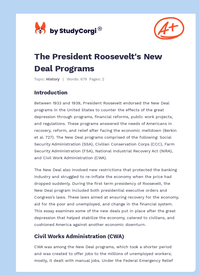 The President Roosevelt's New Deal Programs. Page 1