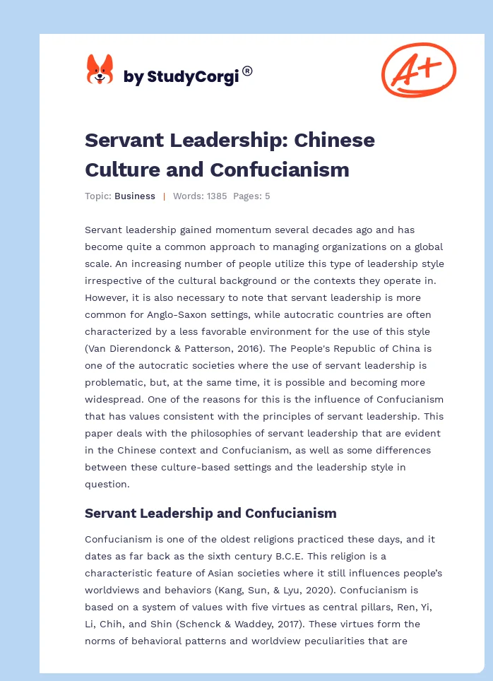 Servant Leadership: Chinese Culture and Confucianism. Page 1