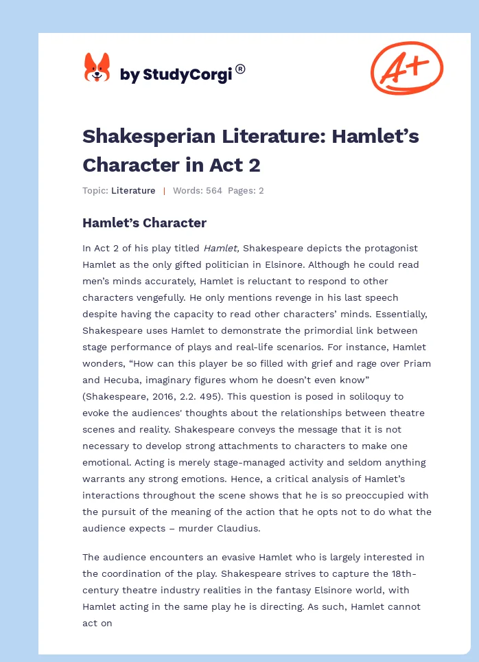 Shakesperian Literature: Hamlet’s Character in Act 2. Page 1