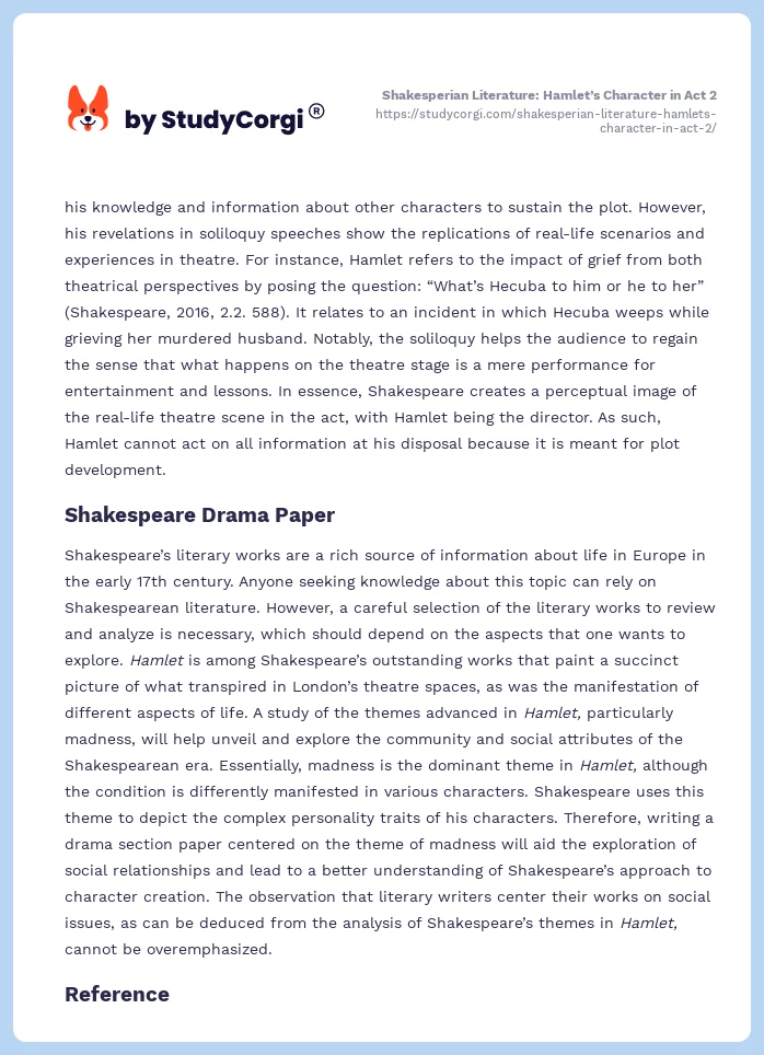 Shakesperian Literature: Hamlet’s Character in Act 2. Page 2