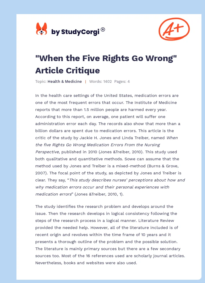 "When the Five Rights Go Wrong" Article Critique. Page 1