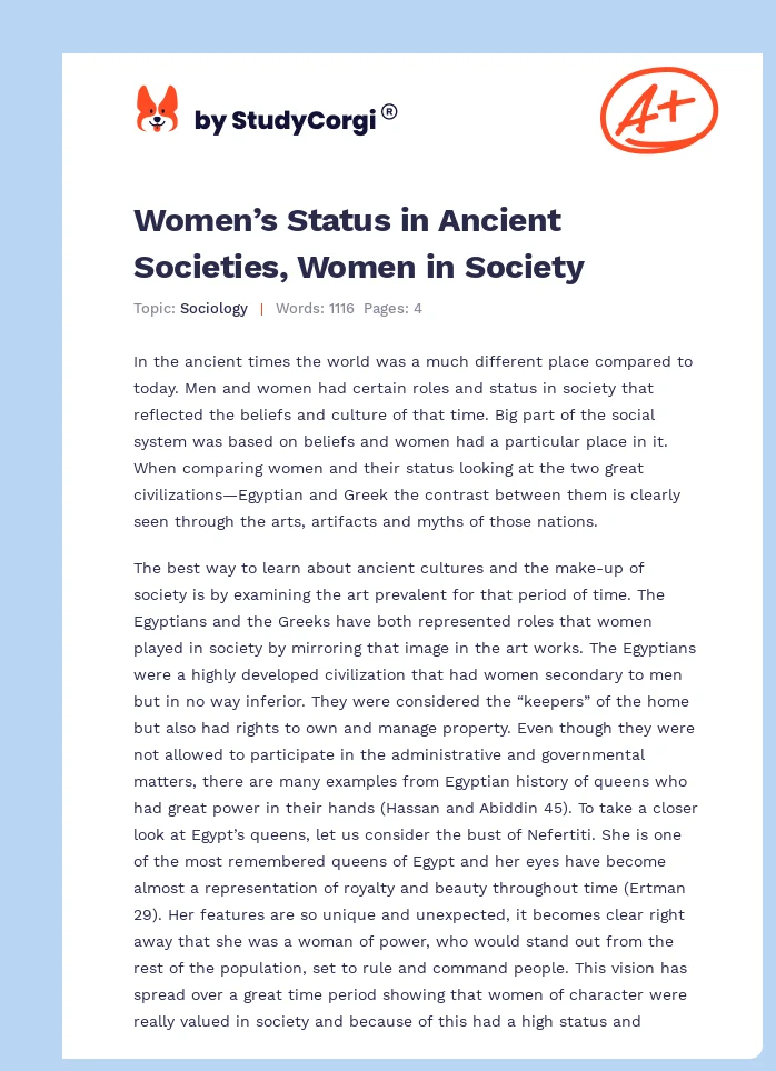 Women’s Status in Ancient Societies, Women in Society. Page 1
