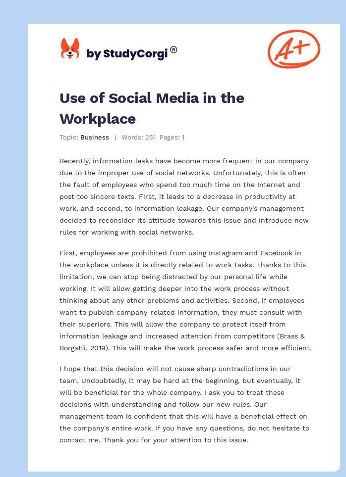 Use of Social Media in the Workplace. Page 1