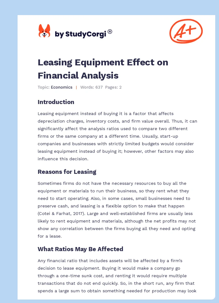 Leasing Equipment Effect on Financial Analysis. Page 1
