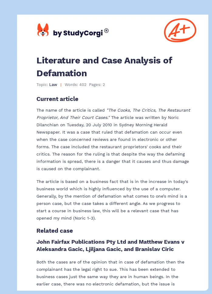 Literature and Case Analysis of Defamation. Page 1