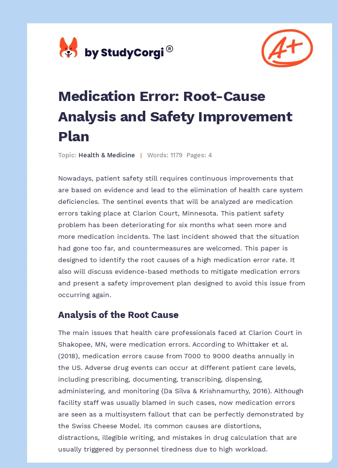 Medication Error: Root-Cause Analysis and Safety Improvement Plan. Page 1