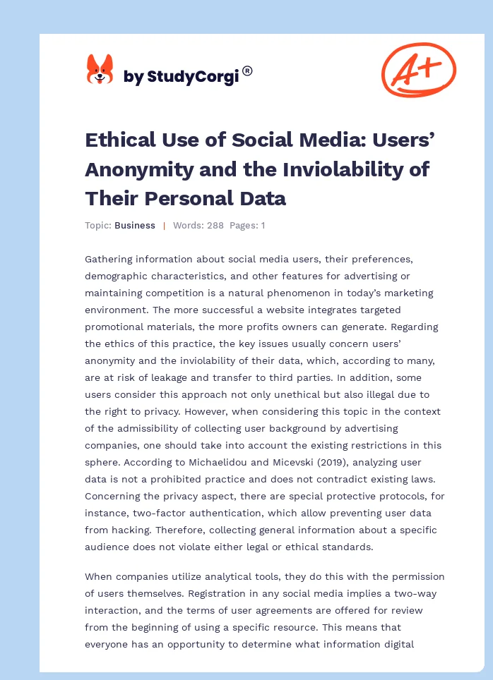 Ethical Use of Social Media: Users’ Anonymity and the Inviolability of Their Personal Data. Page 1