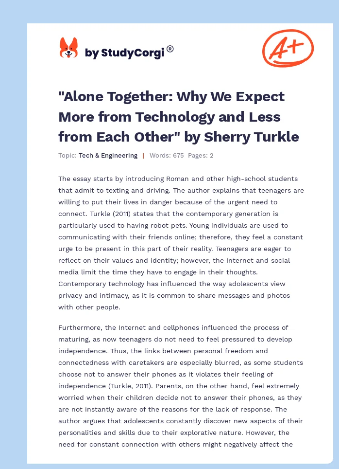 "Alone Together: Why We Expect More from Technology and Less from Each Other" by Sherry Turkle. Page 1