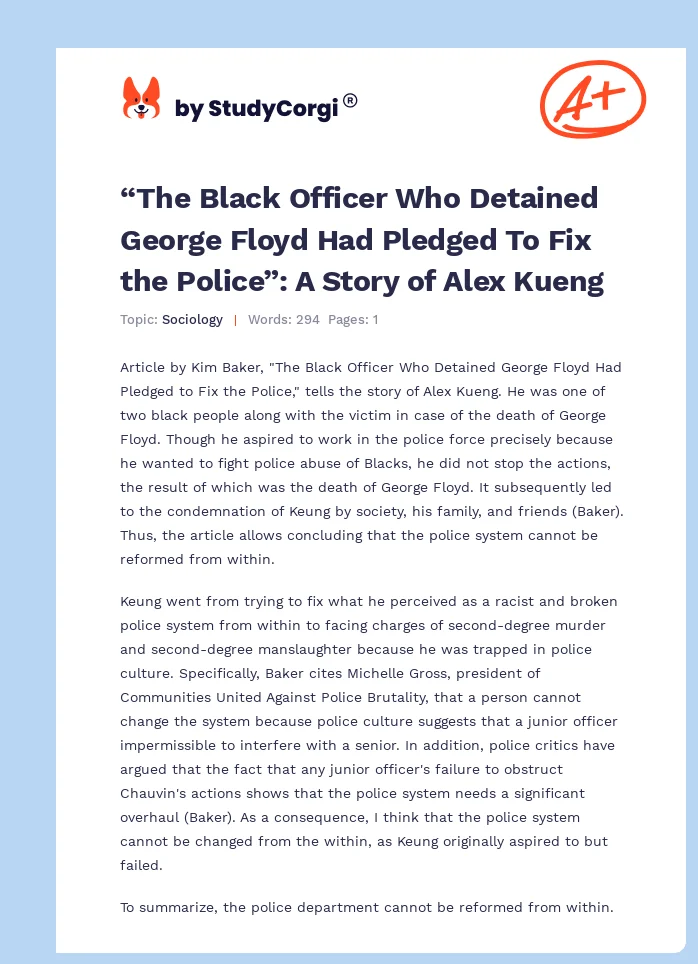 “The Black Officer Who Detained George Floyd Had Pledged To Fix the Police”: A Story of Alex Kueng. Page 1