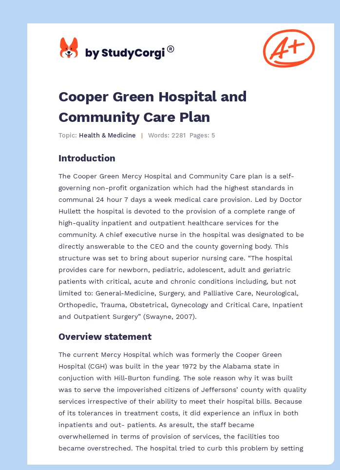 Cooper Green Hospital and Community Care Plan. Page 1