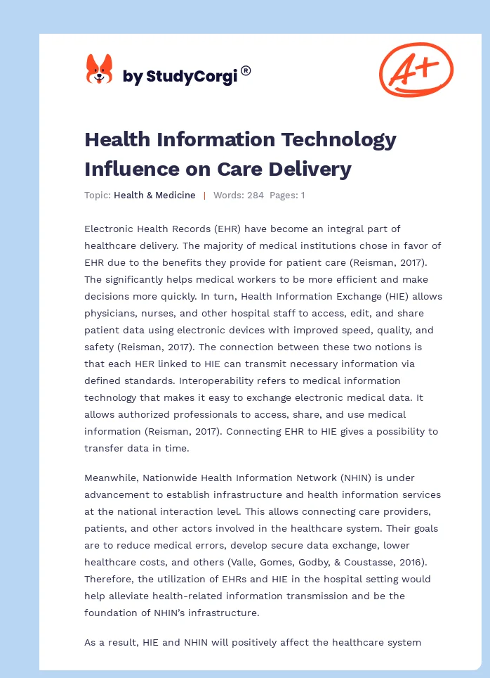 Health Information Technology Influence on Care Delivery. Page 1