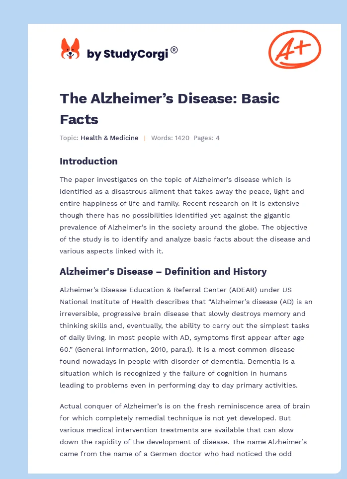 The Alzheimer’s Disease: Basic Facts. Page 1