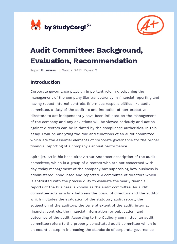 Audit Committee: Background, Evaluation, Recommendation. Page 1