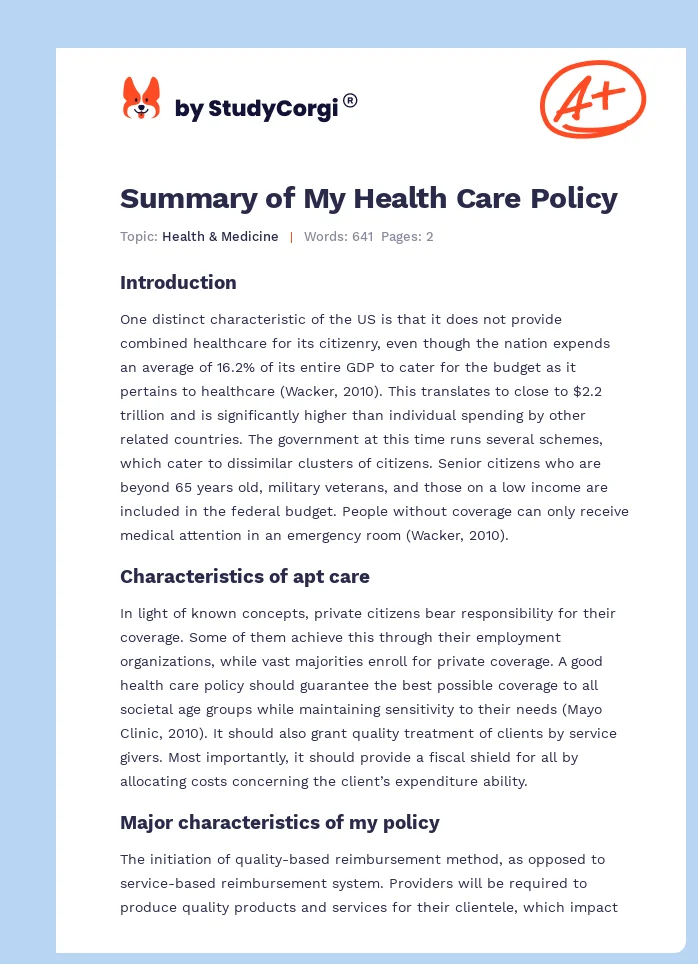 Summary of My Health Care Policy. Page 1