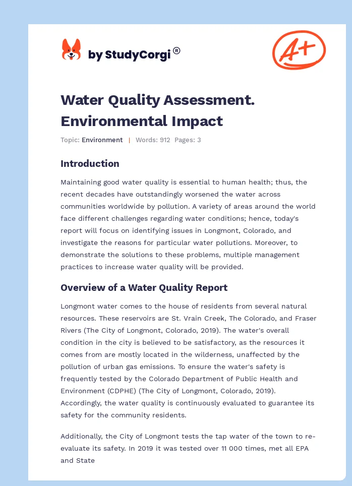 Water Quality Assessment. Environmental Impact. Page 1