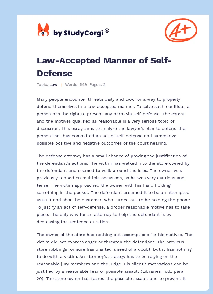 Law-Accepted Manner of Self-Defense. Page 1