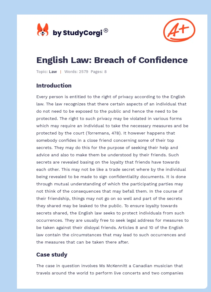 English Law: Breach of Confidence. Page 1