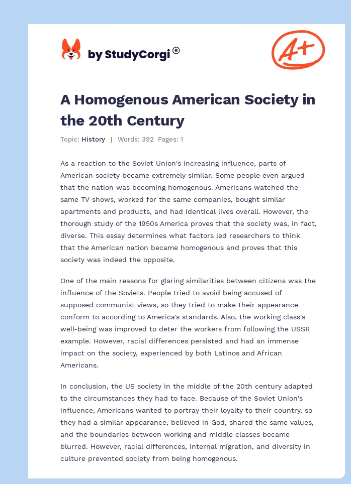 A Homogenous American Society in the 20th Century. Page 1